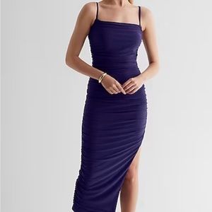 Express Body Contour Mesh Ruched Side Slit Midi Dress